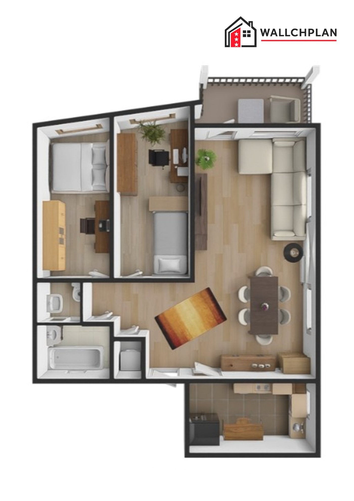 3D-Vogelperspektive einer Wohnung mit Balkon