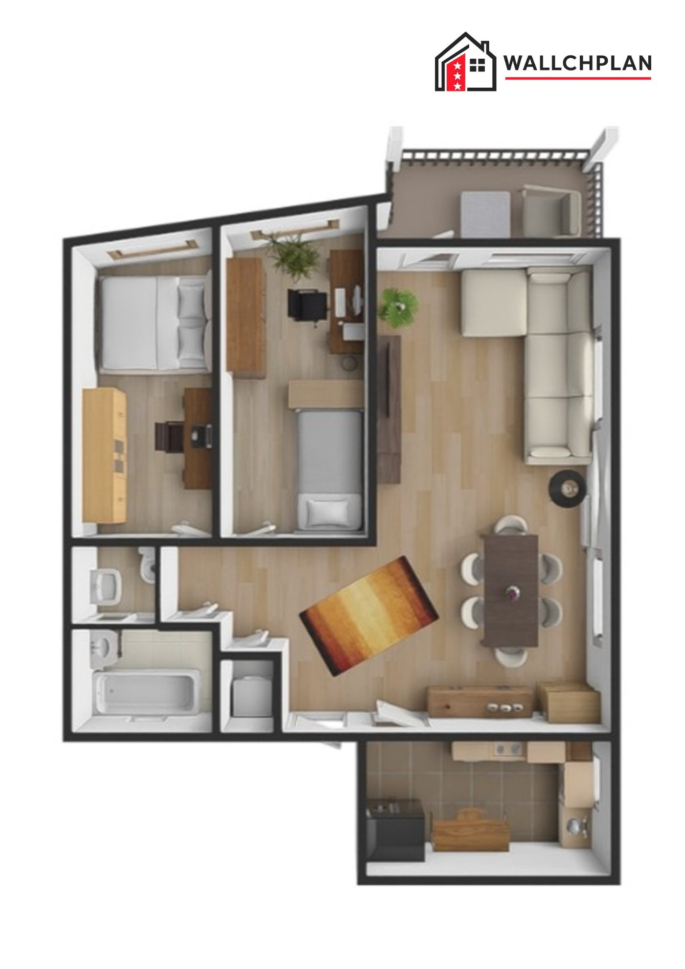 3D-Vogelperspektive einer möblierten Wohnung von oben